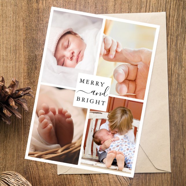 Modern Minimal 4 Photo Merry & Bright Christmas Holiday Card (Creator Uploaded)