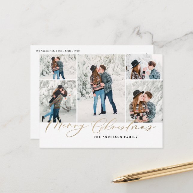 Modern minimal 5 photo Christmas elegant script Holiday Postcard (Front/Back In Situ)