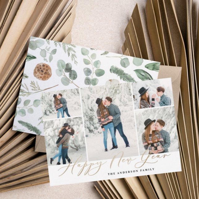 Modern minimal 5 photo new year script family  holiday card (Creator Uploaded)
