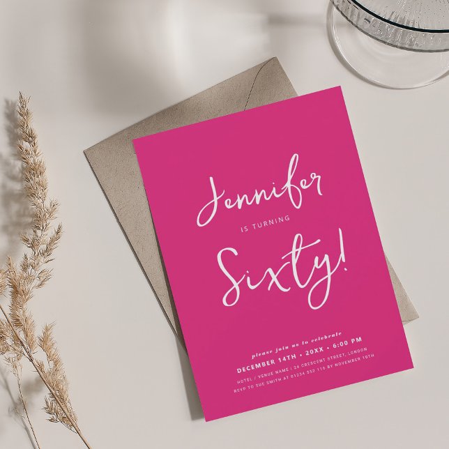 Modern Minimal 60th Birthday Script Hot Pink  Invitation (Modern Minimal 60th Birthday Script Hot Pink Invitation)