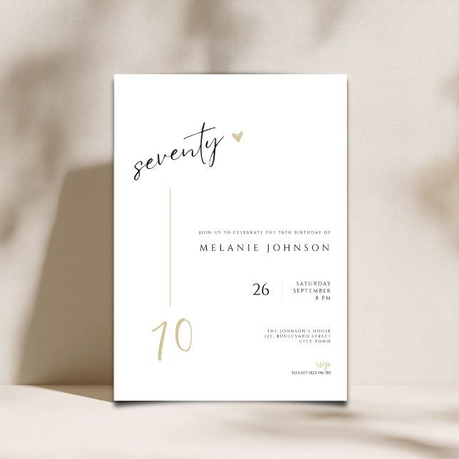 Modern Minimal 70th Birthday Party Invitation (minimalist 70th birthday invitation with handwriting typography.)