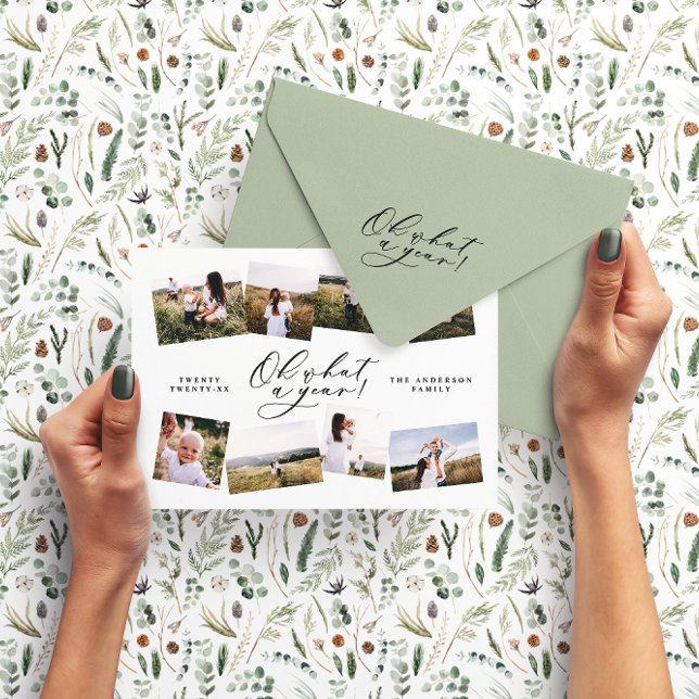 Modern minimal 8 photo new year black family holiday card (Creator Uploaded)