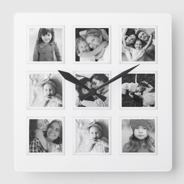Modern Minimal 9 Grid Matboard Black & White Photo Square Wall Clock (Front)