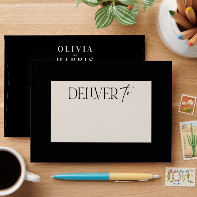 Modern minimal abstract black cream wedding envelope (Desk)