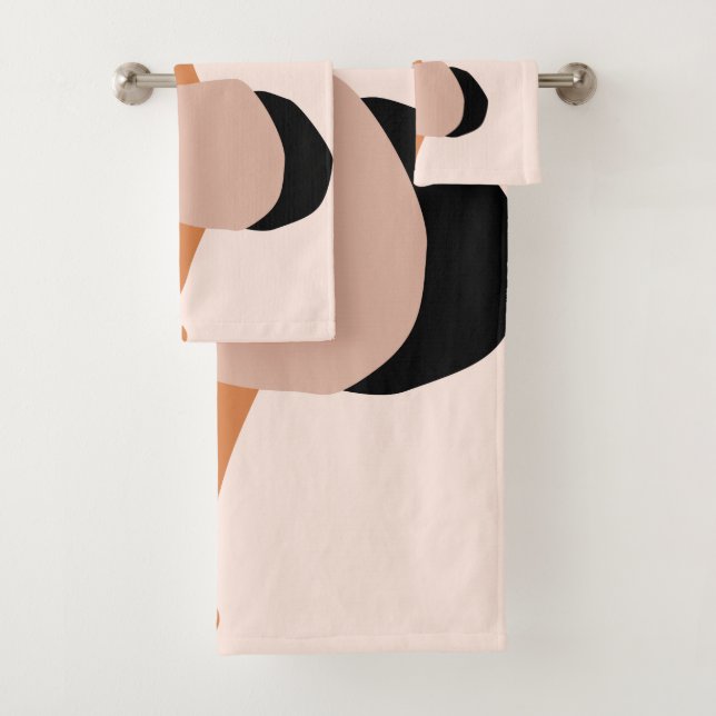 Modern minimal abstract geometric brown pink black bath towel set (Insitu)