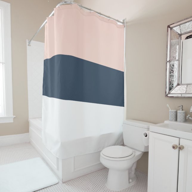 Modern minimal abstract geometric navy blue pink shower curtain (In Situ)
