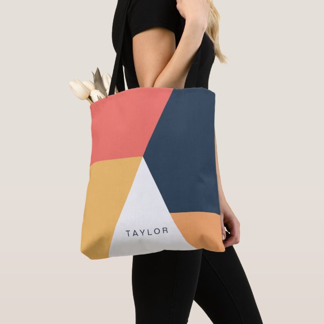Modern minimal abstract geometric orange navy blue tote bag (Close Up)
