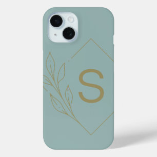 Modern Minimal Aqua Monogram Initial Botanical iPhone 15 Case
