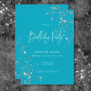Modern Minimal Aqua White Glam Diamonds Birthday Invitation