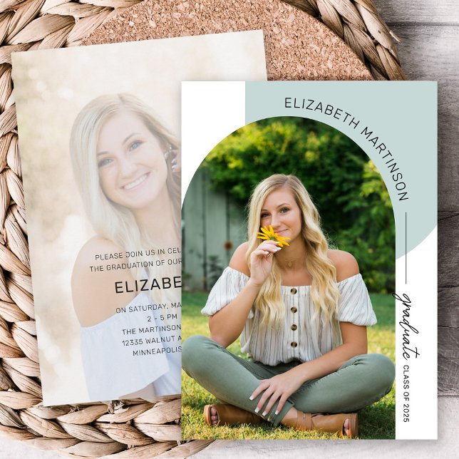 Modern Minimal Arch 2 Photo Sage Graduation Invitation (Creator Uploaded)