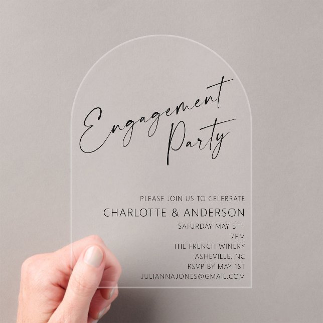 Modern Minimal Arch Black Script Engagement Party Acrylic Invitations (Insitu (Handheld))