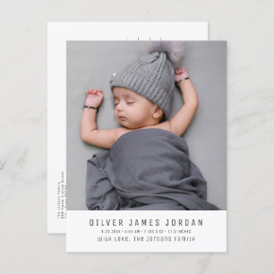 Modern Minimal Baby Boy Birth Announcement Photo Postcard