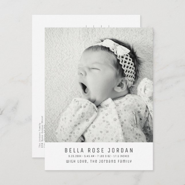 Modern Minimal Baby Girl Birth Announcement Photo Postcard (Front/Back)