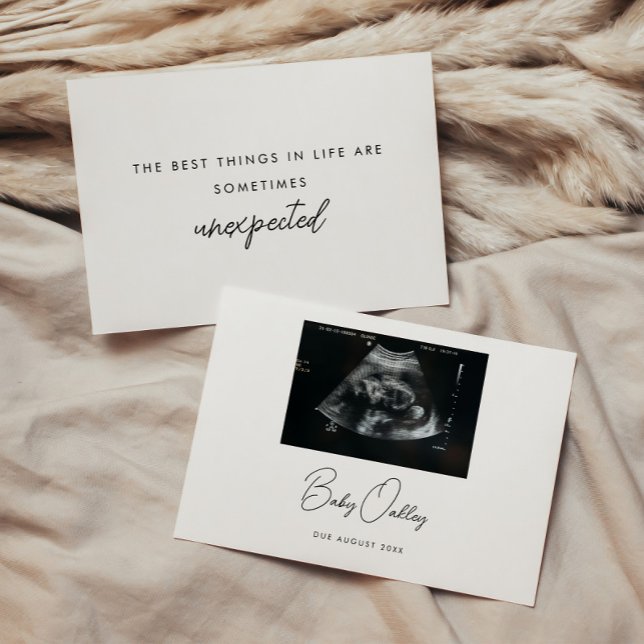 Modern Minimal Baby "Unexpected" Pregnancy Photo Announcement (Creator Uploaded)