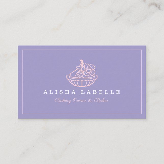 Modern & Minimal Bakery Floral Tart Logo Purple Business Card (Front)