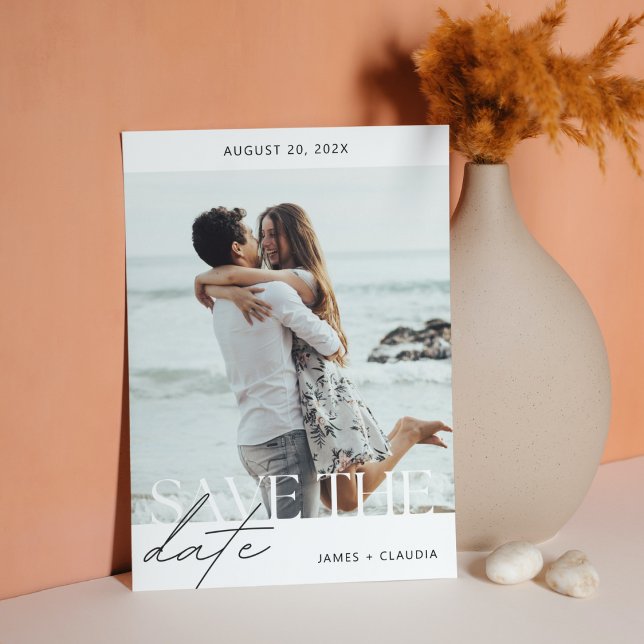 Modern & Minimal Beach Photo Save the Date Card (Simple Modern script white chic photo save the date invitation)