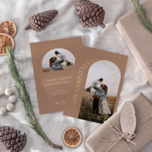 Modern Minimal Beige Arch 2 Photo Merry Christmas  Foil Holiday Card
