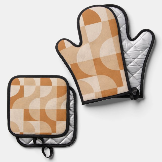 Modern Minimal Beige Retro Geometric Oven Mitt Oven Mitt & Pot Holder Set (Front/Back)