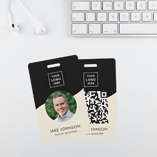 Modern Minimal Beige Staff Employee QR Code Badge ID Badge
