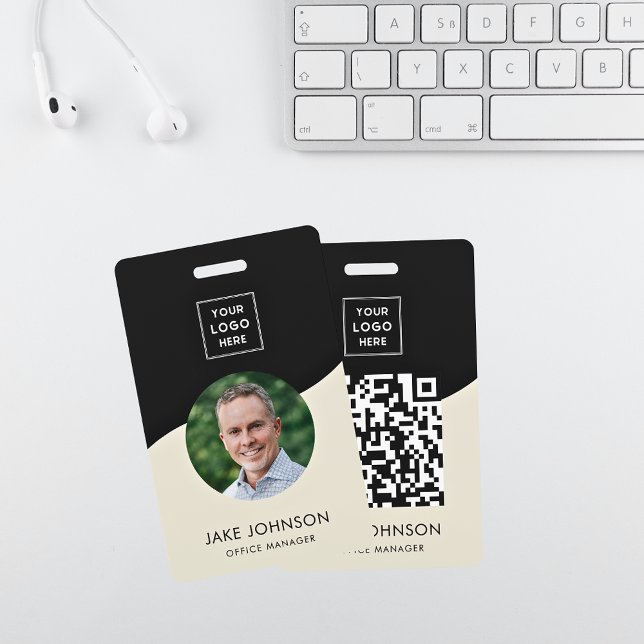 Modern Minimal Beige Staff Employee QR Code Badge ID Badge (Creator Uploaded)