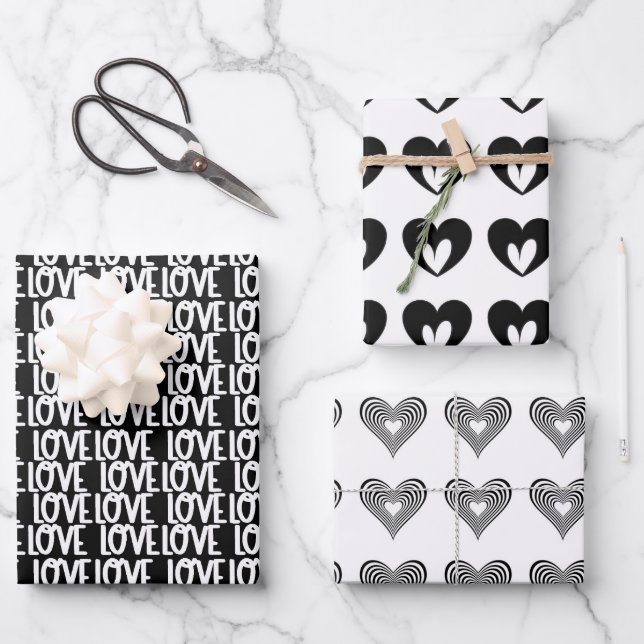 modern minimal black and white hearts wrapping paper sheet (Front)