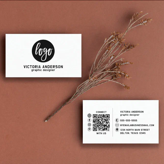 Modern Minimal Black and White Logo QR Code Business Card | Zazzle
