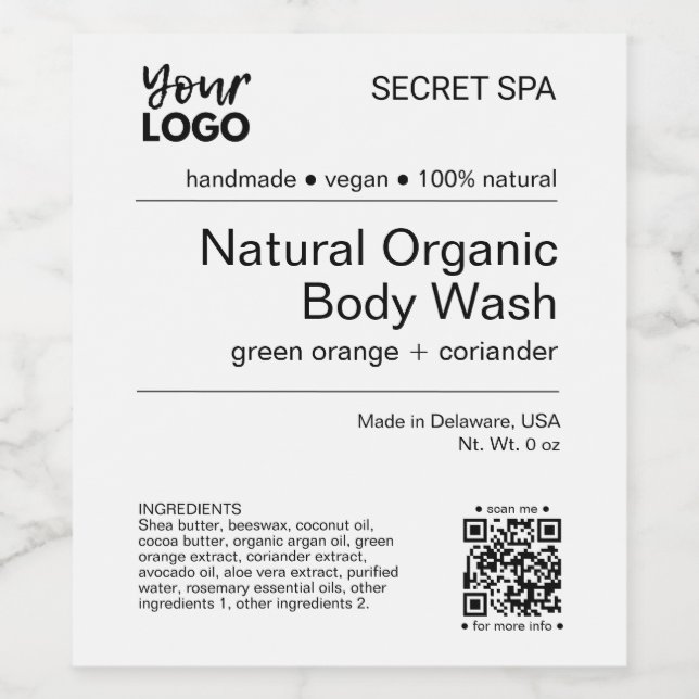 Modern Minimal Black and White QR Body Wash Label (Single Label)
