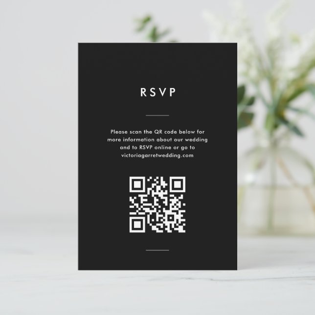 Modern Minimal Black and White Script Wedding RSVP Card (Standing Front)
