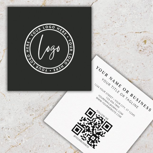 Modern Minimal Black Custom Logo QR Code Square Business Card (Background & text color can be changed to fit your needs.
)