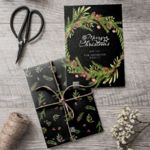 Modern minimal Black foliage wreath Christmas  Holiday Card