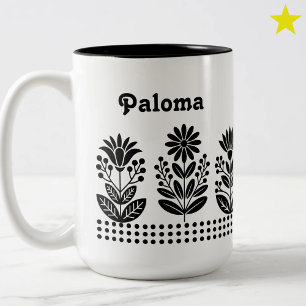 Modern Minimal Black Folk Art Flowers Custom Name Two-Tone Coffee Mug