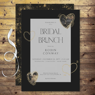 Modern Minimal Black & Gold Hearts Bridal Brunch Invitation