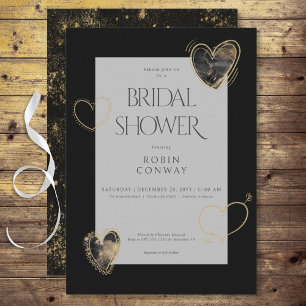 Modern Minimal Black & Gold Hearts Bridal Shower Invitation