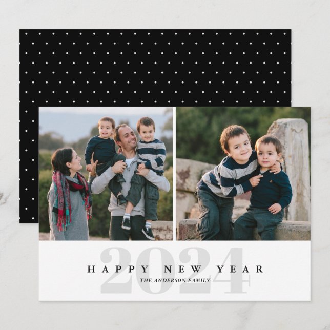 Modern Minimal Black & Grey 2 Photo Happy New Year Holiday Card (Front/Back)