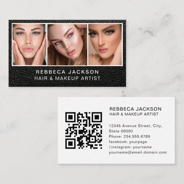 Modern minimal black leather makeup and hair  business card (Front/Back)