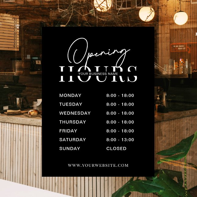 Modern Minimal Black Logo Business Opening Hours (Modern black and white opening hours window cling sign for your shop, salon, office or boutique)
