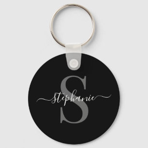 Modern Minimal Black Monogram Initial  First Namw Key Ring