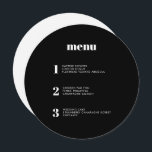 Modern Minimal Black Round Circle Wedding Menu<br><div class="desc">This contemporary wedding menu design features the courses of your wedding meal in simple fonts and a sleek and clean design. This solid black circle menu card certainly stands out from the crowd. Modern typography and menu design for a modern wedding. All elements are customisable - text, background and colours....</div>