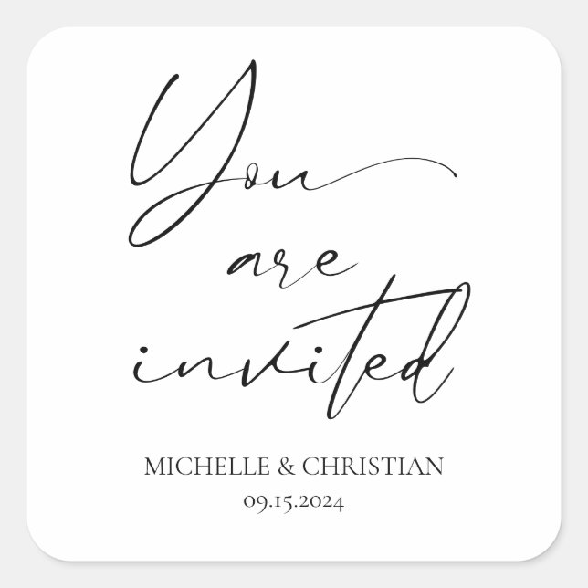 Modern Minimal Black Script Calligraphy Wedding Square Sticker (Front)