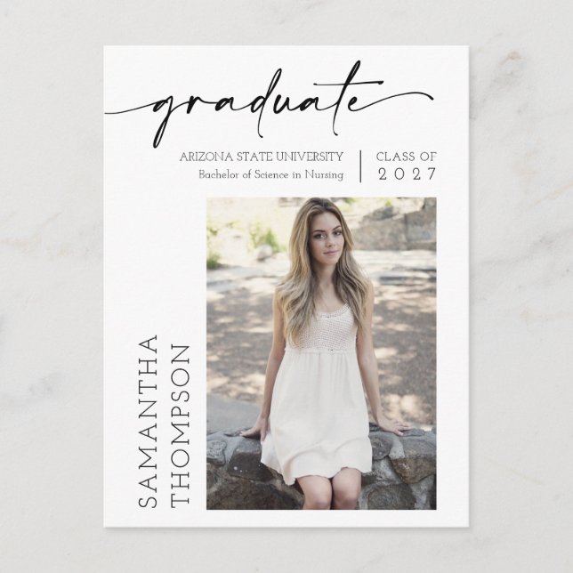 Modern Minimal Black Script  She Did It Photo Grad Postcard (Front)