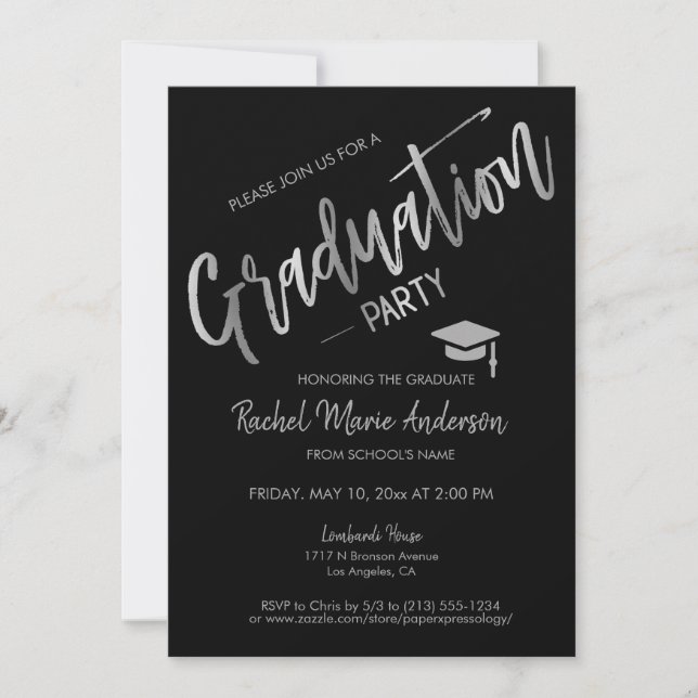 Modern Minimal Black Silver Graduation Party  Invitation (Front)
