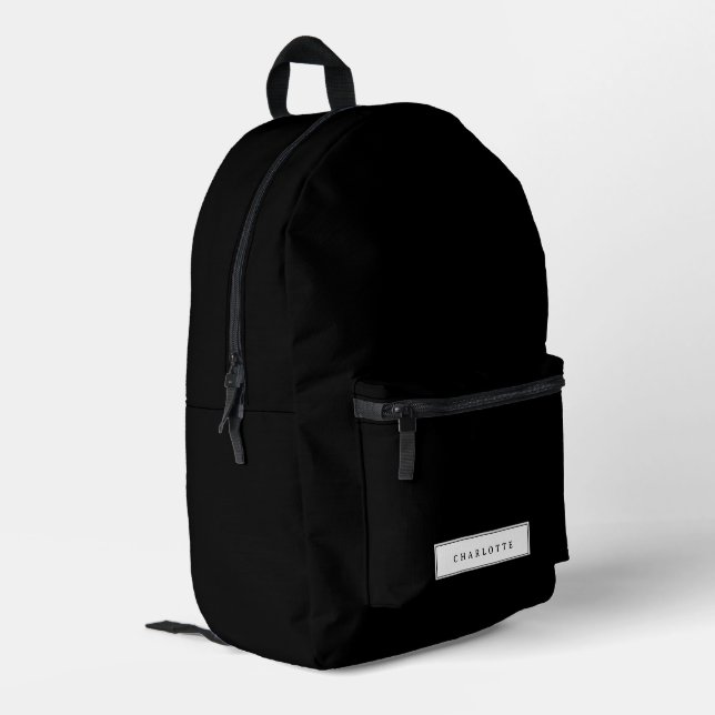 Modern Minimal Black Solid Colour Custom Name Printed Backpack (Back Corner Left)