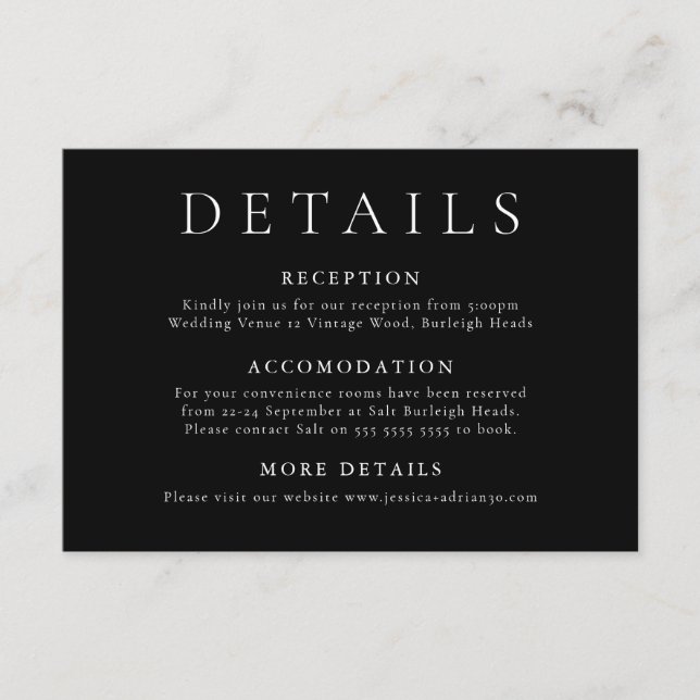 Modern Minimal Black Wedding Details Enclosure Card (Front)