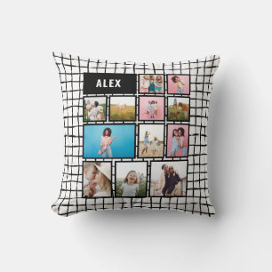 Modern minimal black white 12 photo family cushion