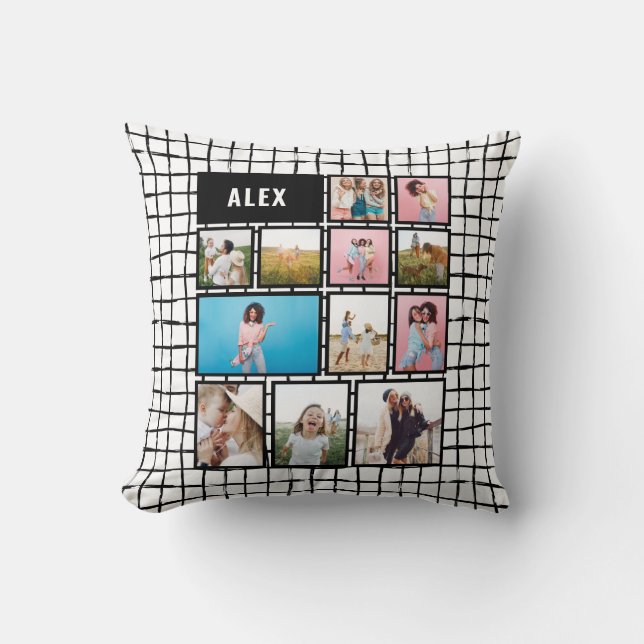 Modern minimal black white 12 photo family cushion (Front)