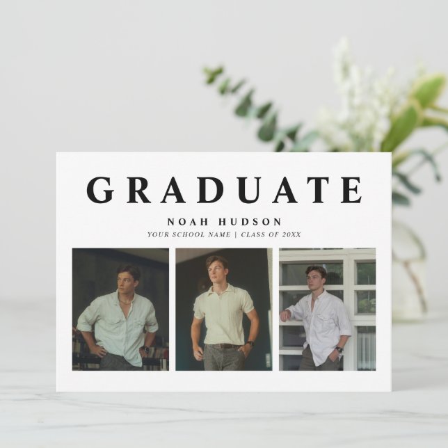 Modern Minimal Black & White 3 Photo Graduation Invitation (Standing Front)