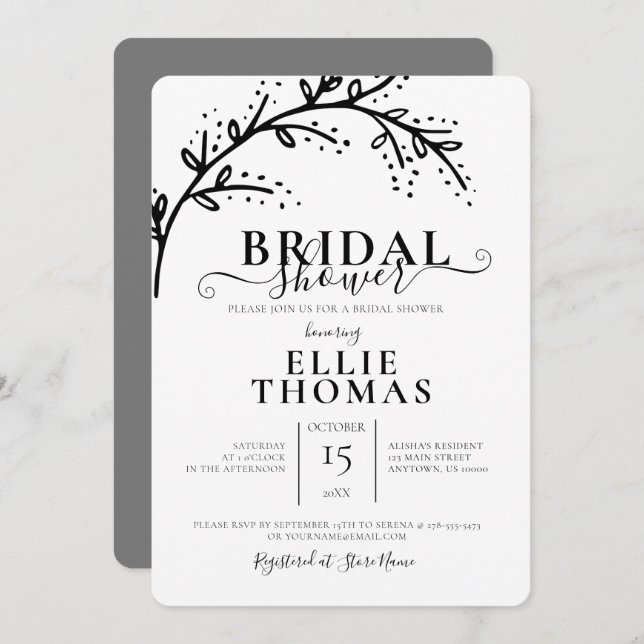 Modern Minimal Black & White Bridal Shower Invitation (Front/Back)