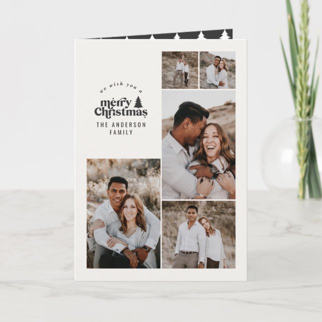 Modern minimal black white Christmas multi photo Thank You Card (Front)