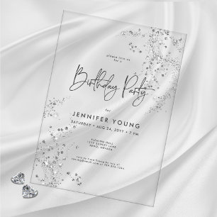 Modern Minimal Black White Glam Diamonds Birthday Acrylic Invitations