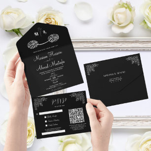 Modern Minimal Black & White Islamic Floral Nikah All In One Invitation